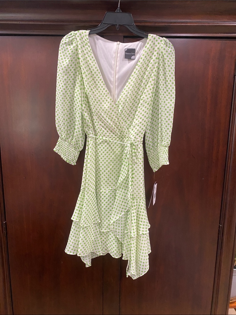 Maison Tara Light Green Polka Dot Wrap Mini Dress